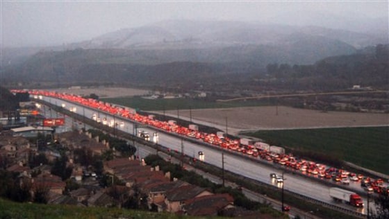 Traffic is backed up on northbound Interstate 5 near Castaic, Calif., on Sunday after heavy snow closed the major corridor into Southern California.